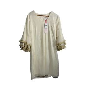 Julie Brown Beige Sheer Bell Ruffle Sleeve Gold Edging Lined Dress New 10 $220